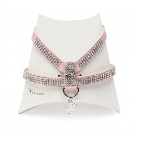 Harnais en cuir rose avec strass double réglage pour chien CAMON