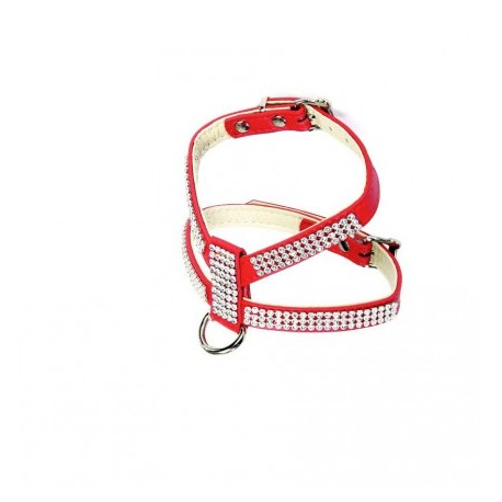 Harnais chien en cuir rouge avec strass double réglage CAMON