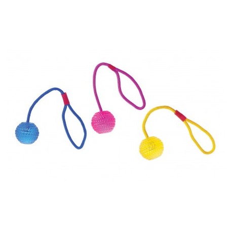 Balle fluo avec corde de 7 cm pour chien FLAMINGO