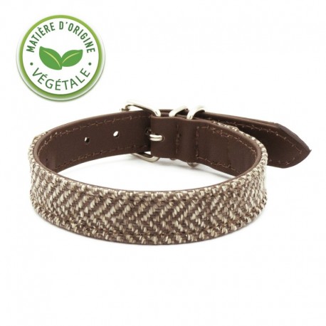 Collier en cuir végétal et tweed couleur marron pour chien LEOPET