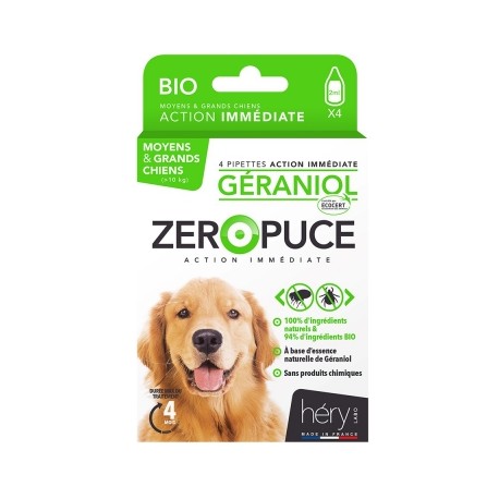 Pipettes antiparasitaires au Géraniol Bio pour moyens & grands chiens  ZERO PUCE HERY