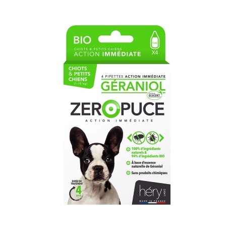 Pipettes antiparasitaires au Géraniol Bio pour chiots & petits chiens ZERO PUCE HERY