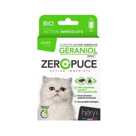 Pipettes antiparasitaires au Géraniol Bio pour Chats ZERO PUCE HERY