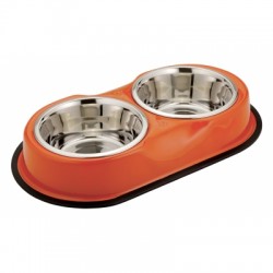2 gamelles inox pour chien support antidérapant couleur Abricot VIVOG