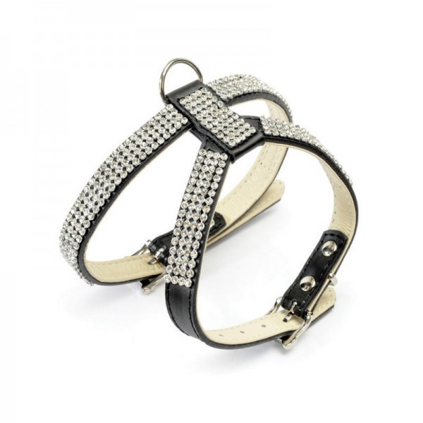 HARNAIS CUIR pour chien DOUBLE REGLAGE noir avec strass CAMON-DOGFRENCHTOUCH
