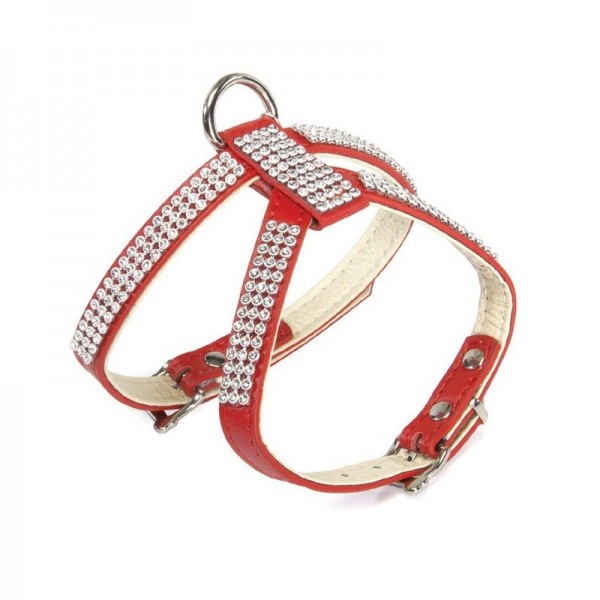 HARNAIS EN CUIR pour chien DOUBLE REGLAGE couleur rouge avec strass CAMON-DOGFRENCHTOUCH