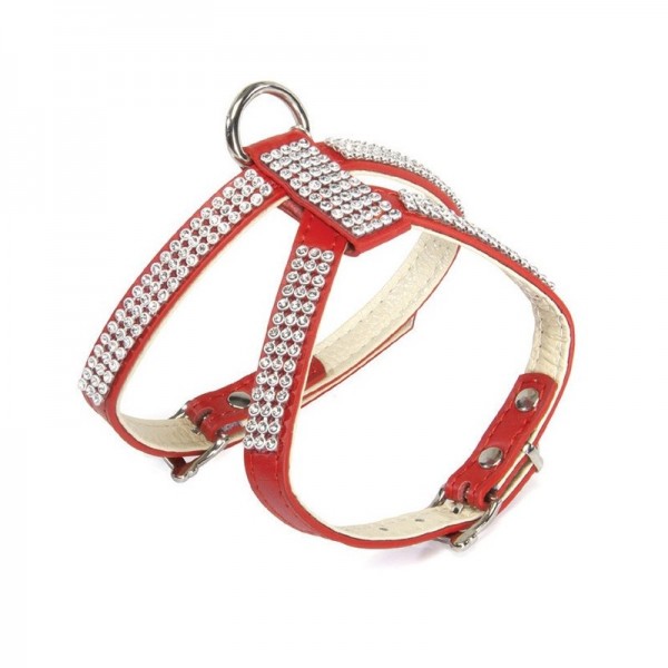 Harnais pour chien en cuir rouge avec strass double réglage CAMON