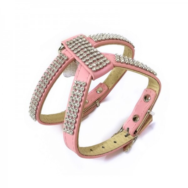 Harnais chien en cuir rose avec strass double réglage CAMON