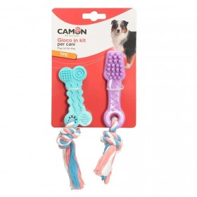 JOUETS pour chien LOT BROSSES A DENTS et OS AVEC CORDE CAMON-DOGFRENCHTOUCH