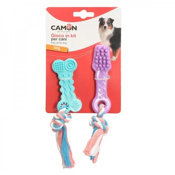 JOUETS pour chien LOT BROSSES A DENTS et OS AVEC CORDE CAMON-DOGFRENCHTOUCH