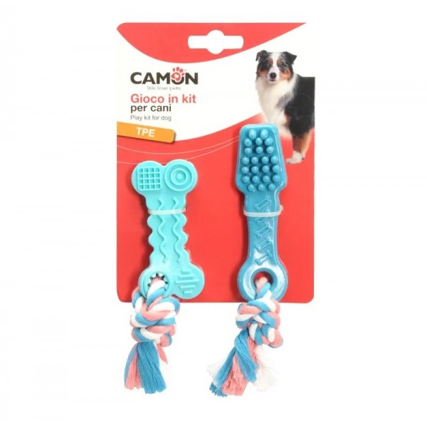 JOUETS pour chien LOT BROSSES A DENTS et OS AVEC CORDE CAMON-DOGFRENCHTOUCH